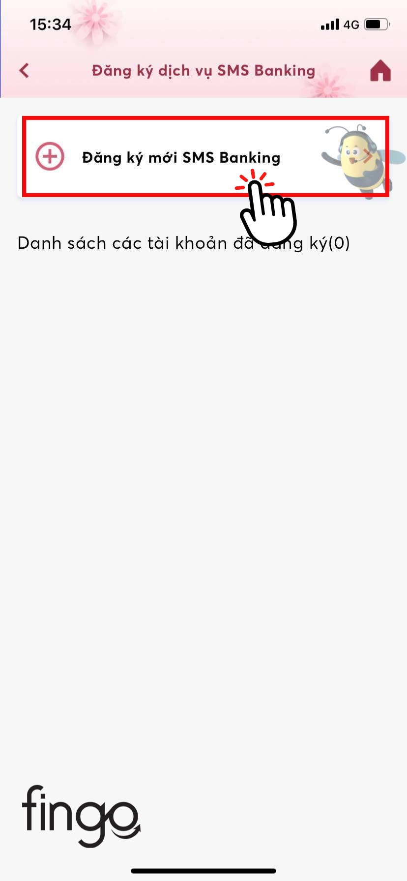 Chọn vào "Đăng ký mới dịch vụ SMS Banking"