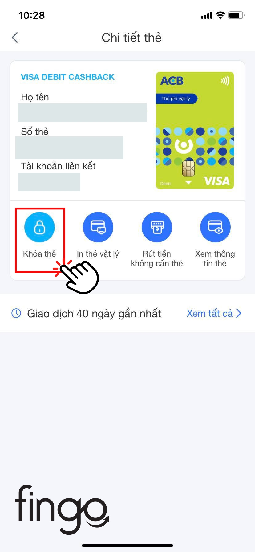 Chọn vào "Khóa thẻ"