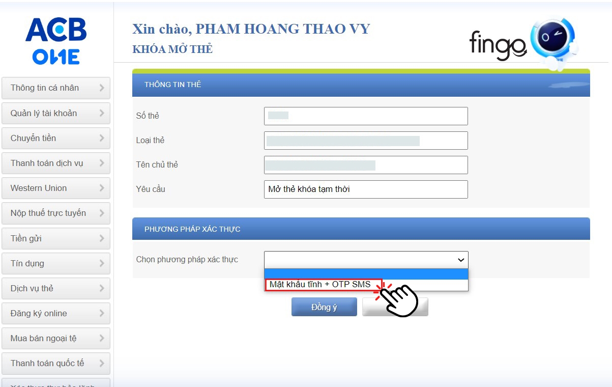Chọn vào "Mật khẩu tĩnh + SMS"