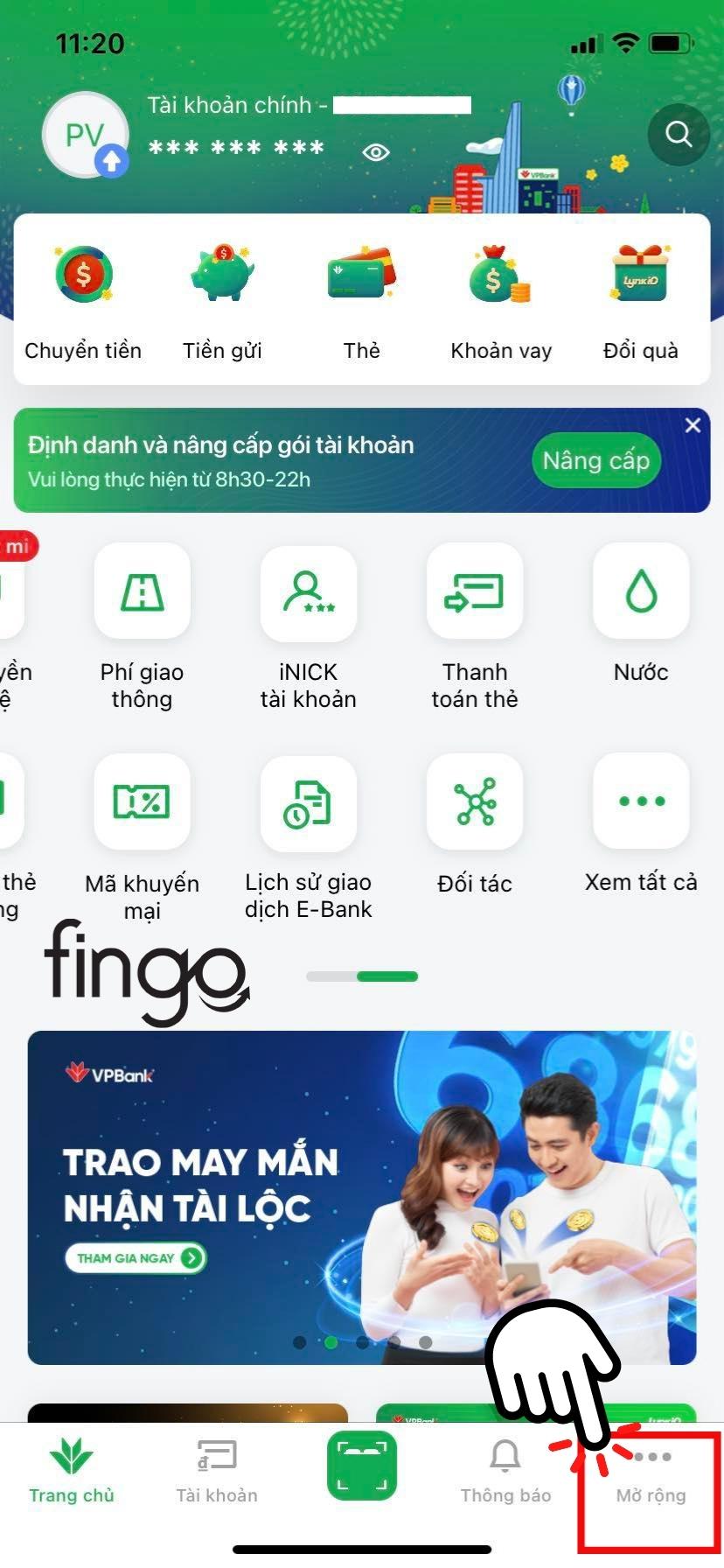 Chọn vào mục "Mở rộng"
