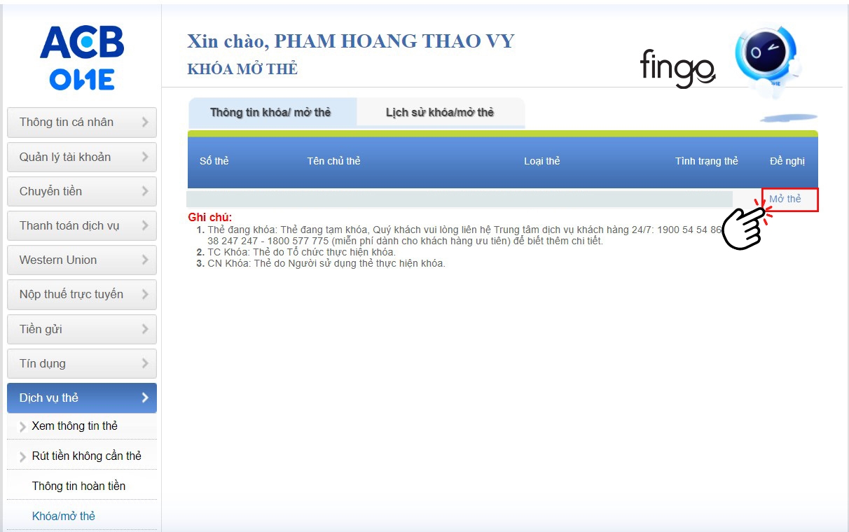 Chọn vào "Mở thẻ"
