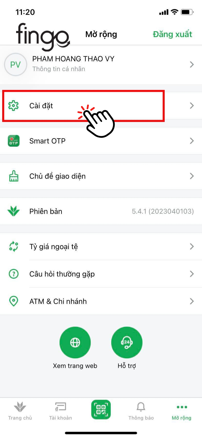Chọn vào "Cài đặt"