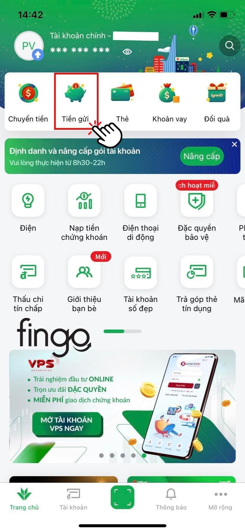 Chọn vào mục "Tiền gửi"