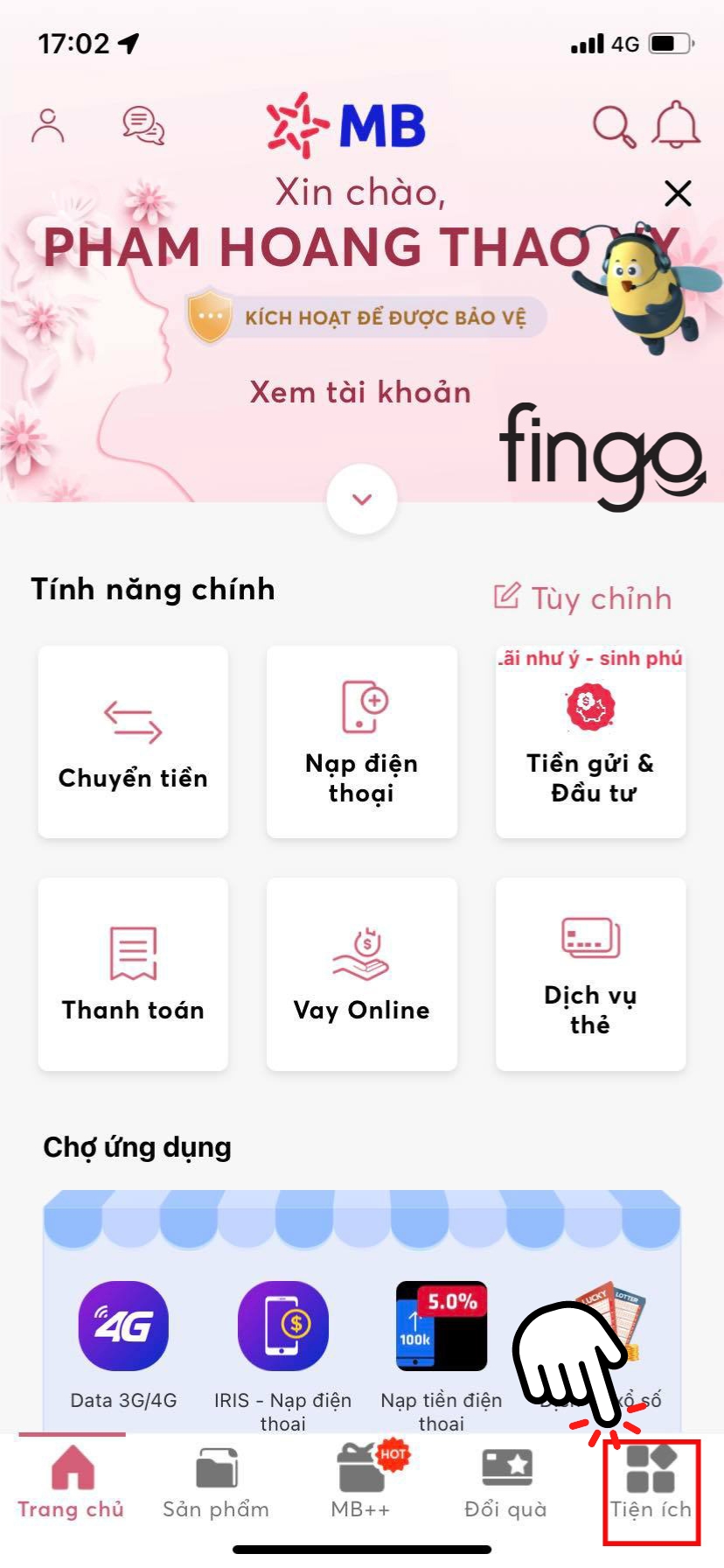 Chọn vào "Tiện ích"