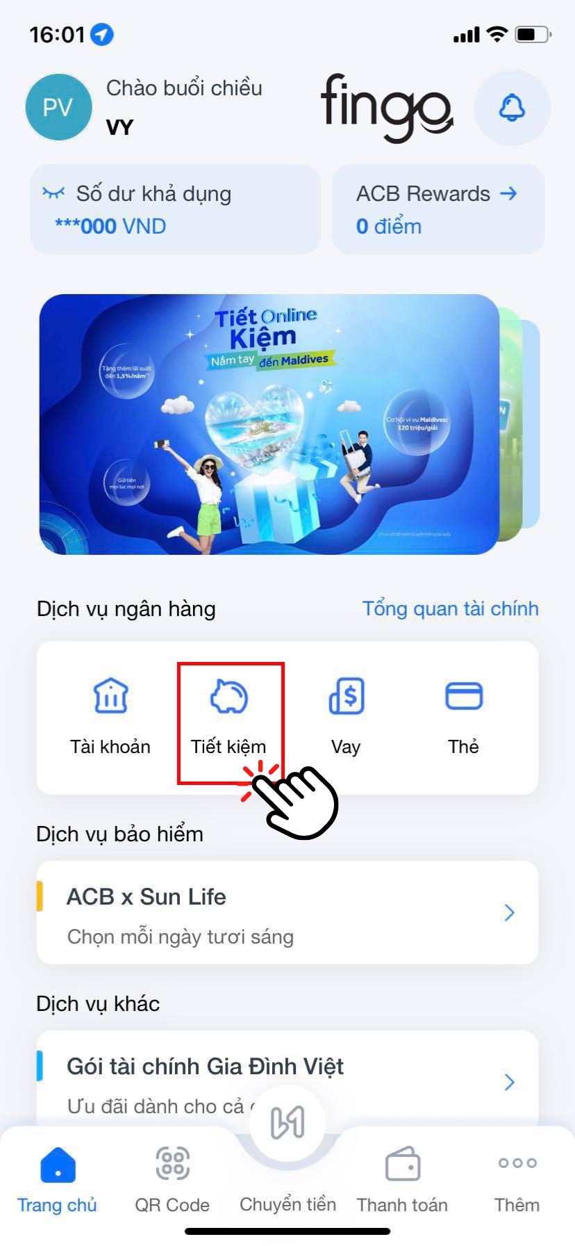 Chọn vào mục "Tiết kiệm"