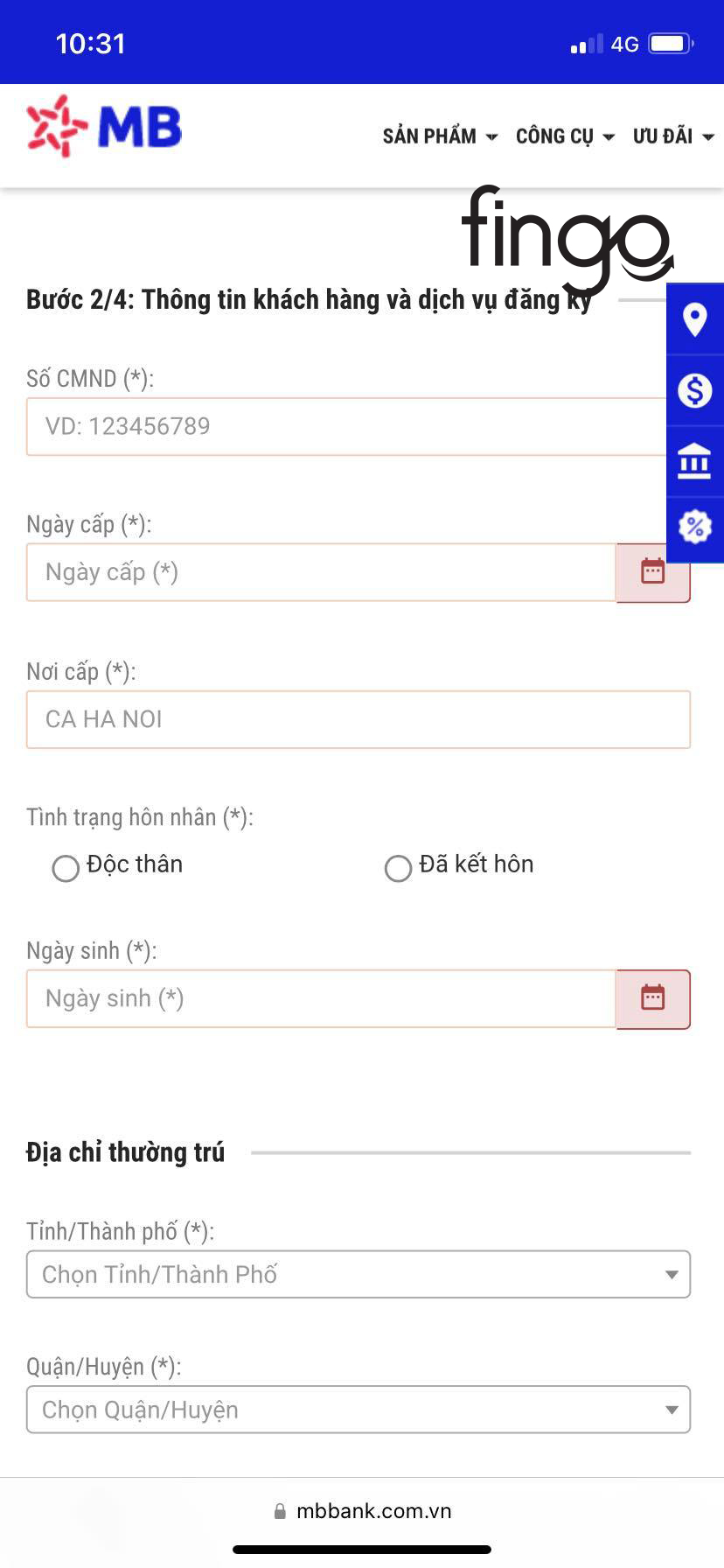 Nhập thông tin cá nhân và dịch vụ đăng ký