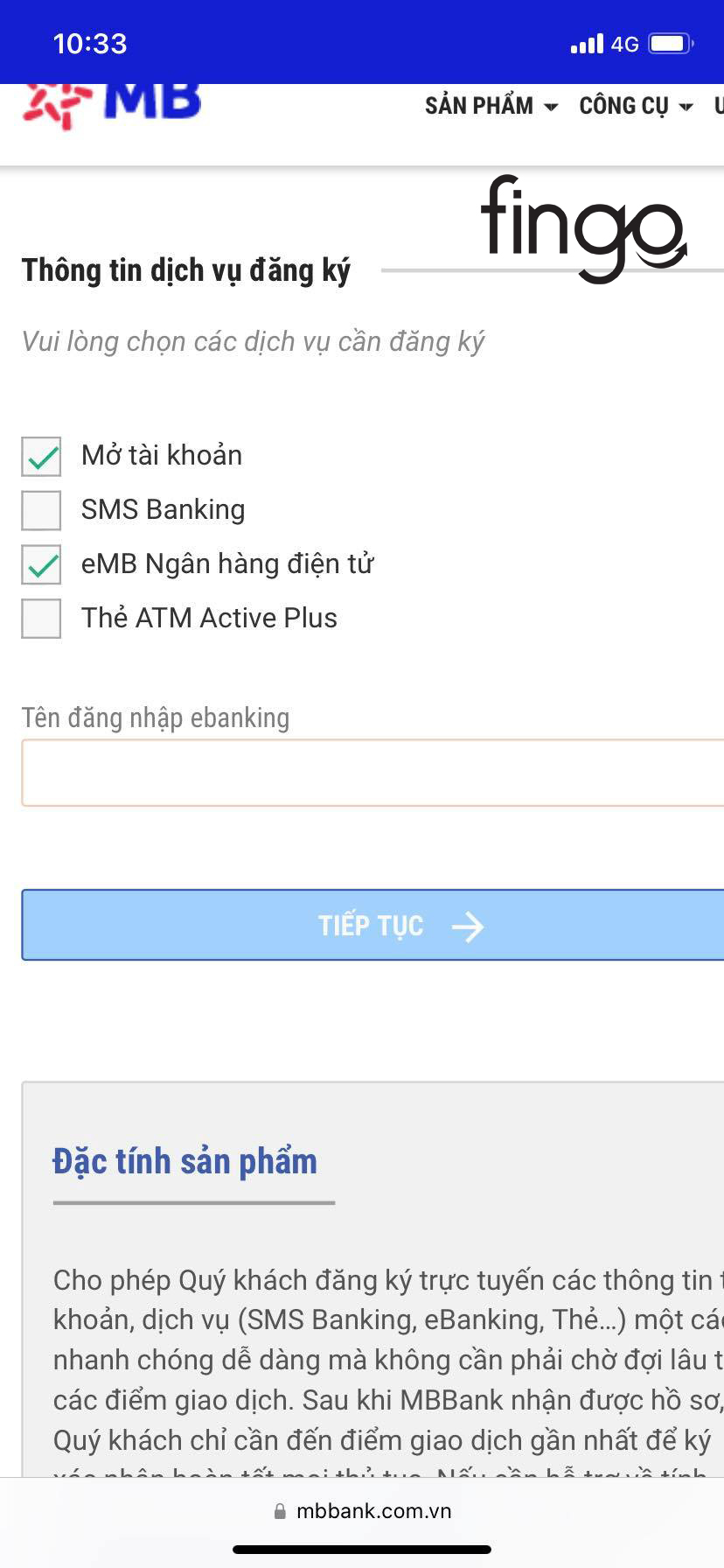 Chọn vào "Mở tài khoản" và "eMB ngân hàng điện tử"