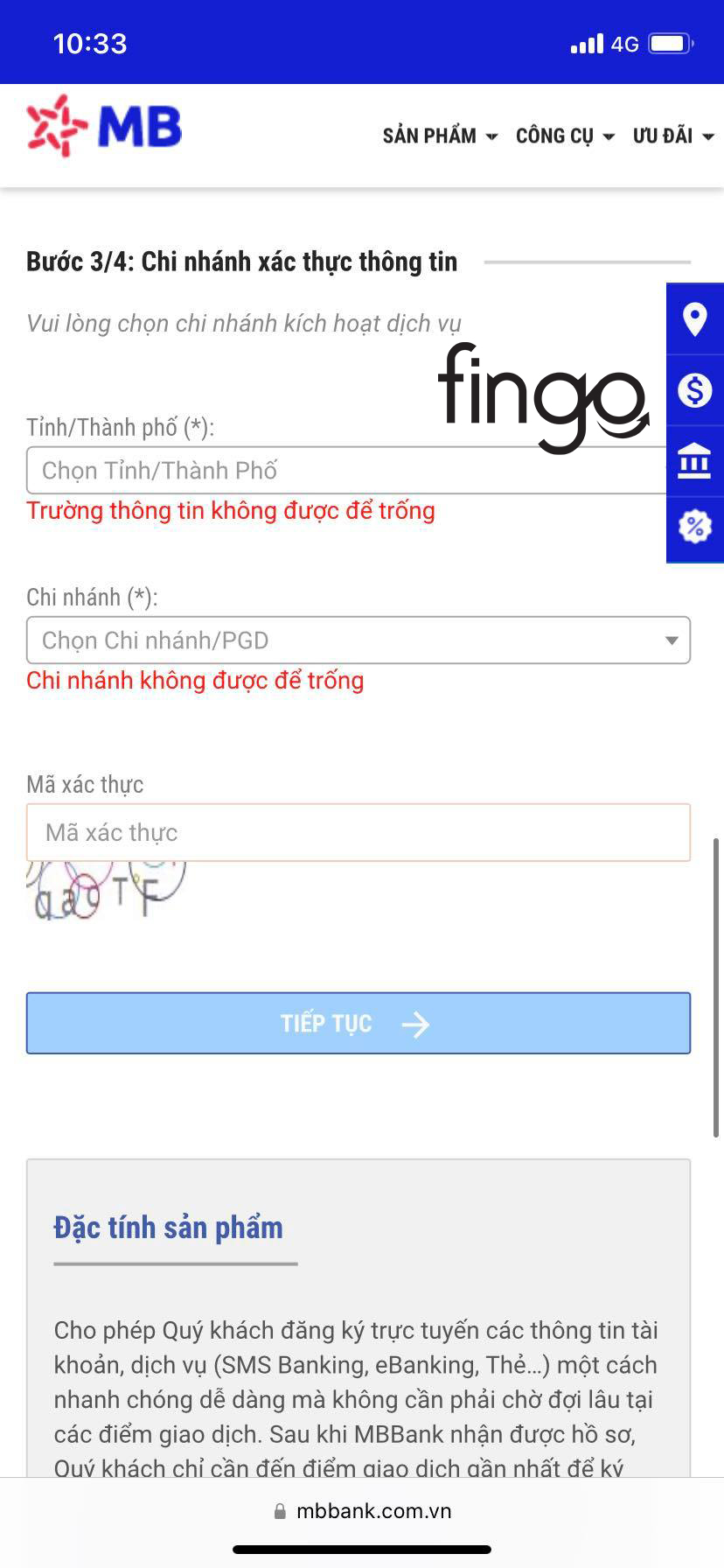 Chọn chi nhánh xác thực thông tin