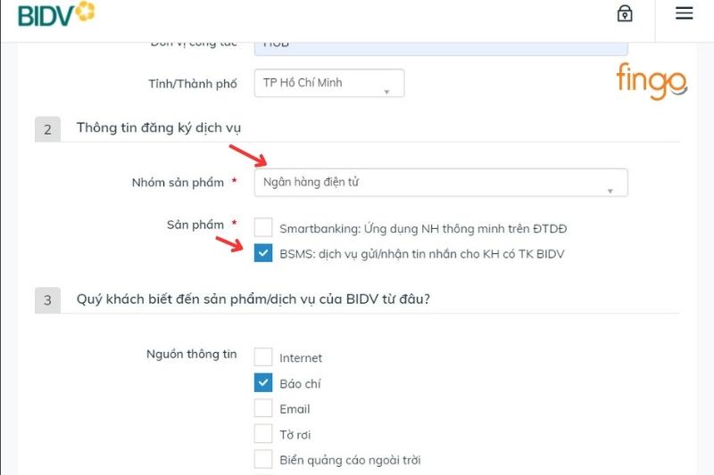 Chọn Ngân hàng điện tử, BSMS.