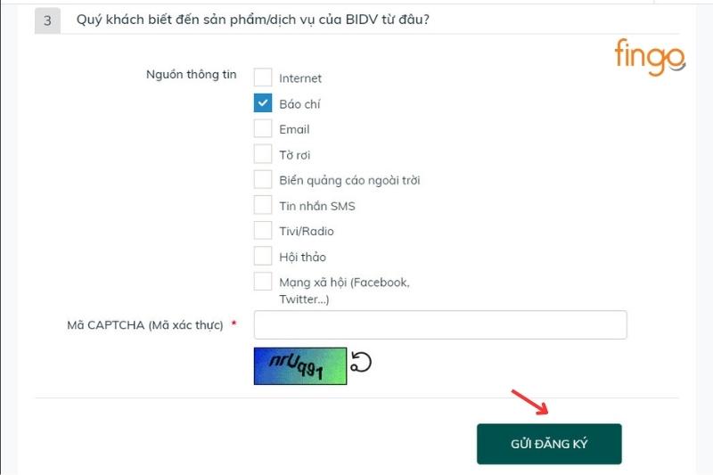 Chọn nguồn thông tin biết đến dịch vụ, nhập mã CAPTCHA và chọn Gửi đăng ký.