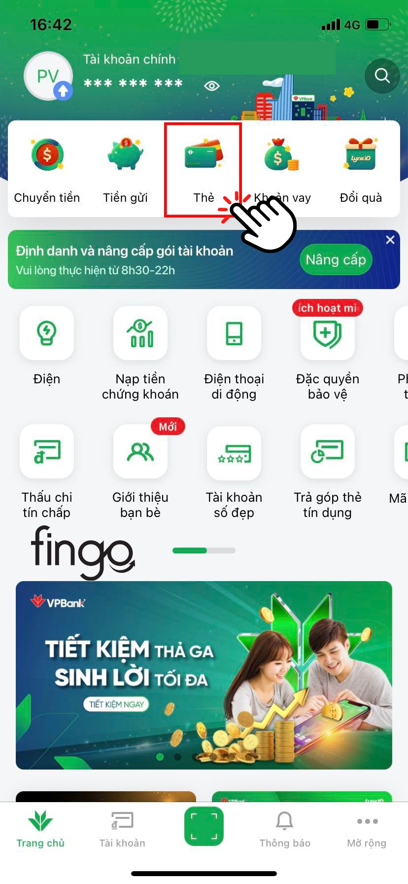 Chọn vào mục "Thẻ"