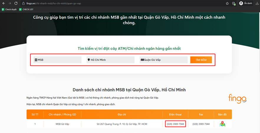 Danh sách các thông tin chi tiết về chi nhánh ngân hàng MSB tại vị trí bạn tìm kiếm sẽ hiển thị