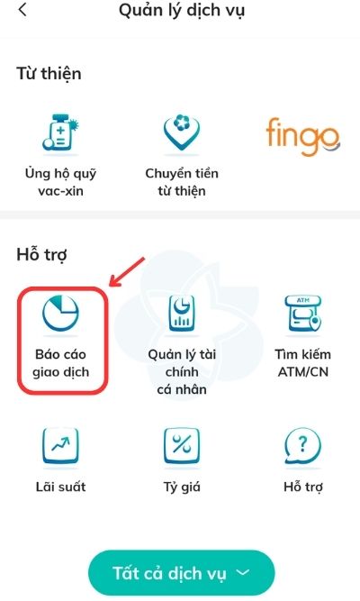 Chọn mục Báo cáo giao dịch.