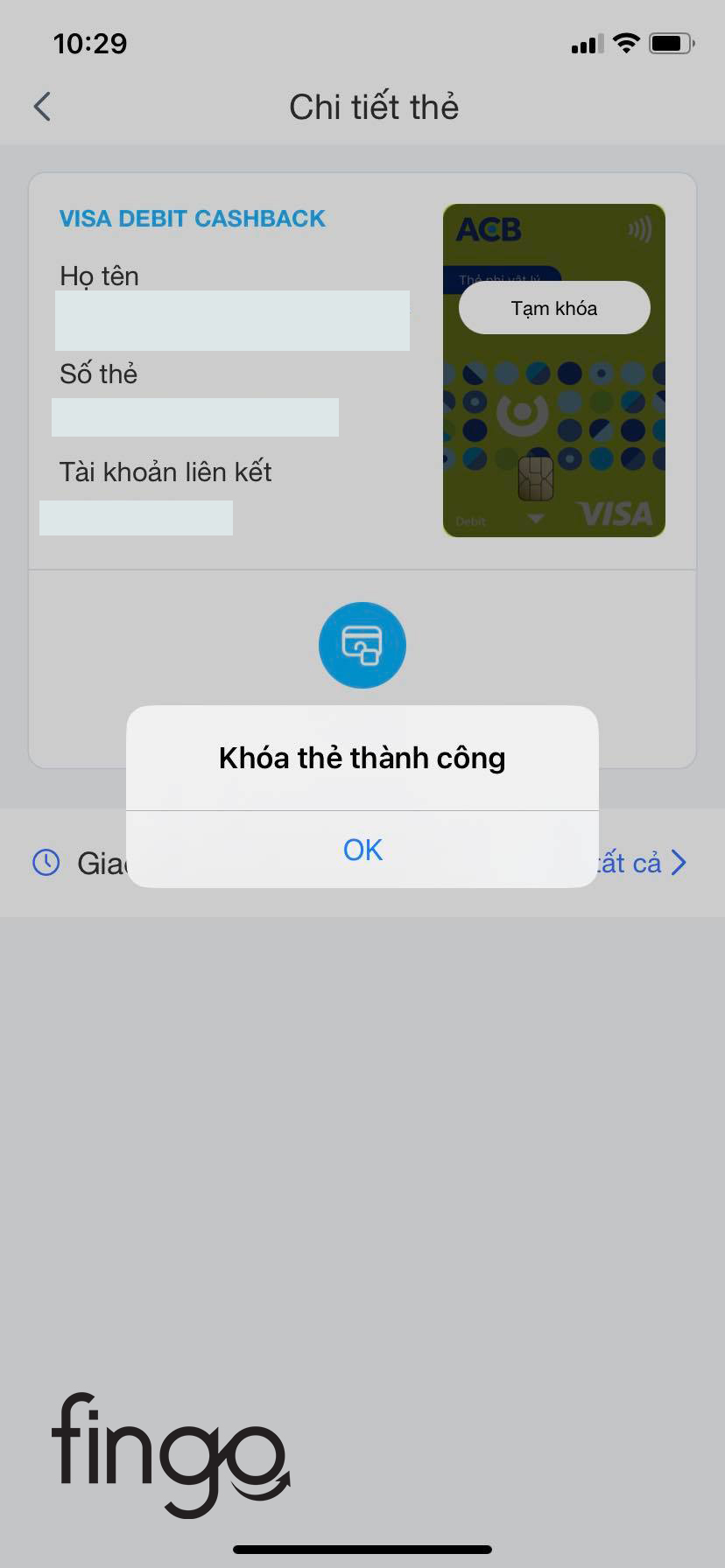 Hệ thống hiển thị khóa thẻ thành công