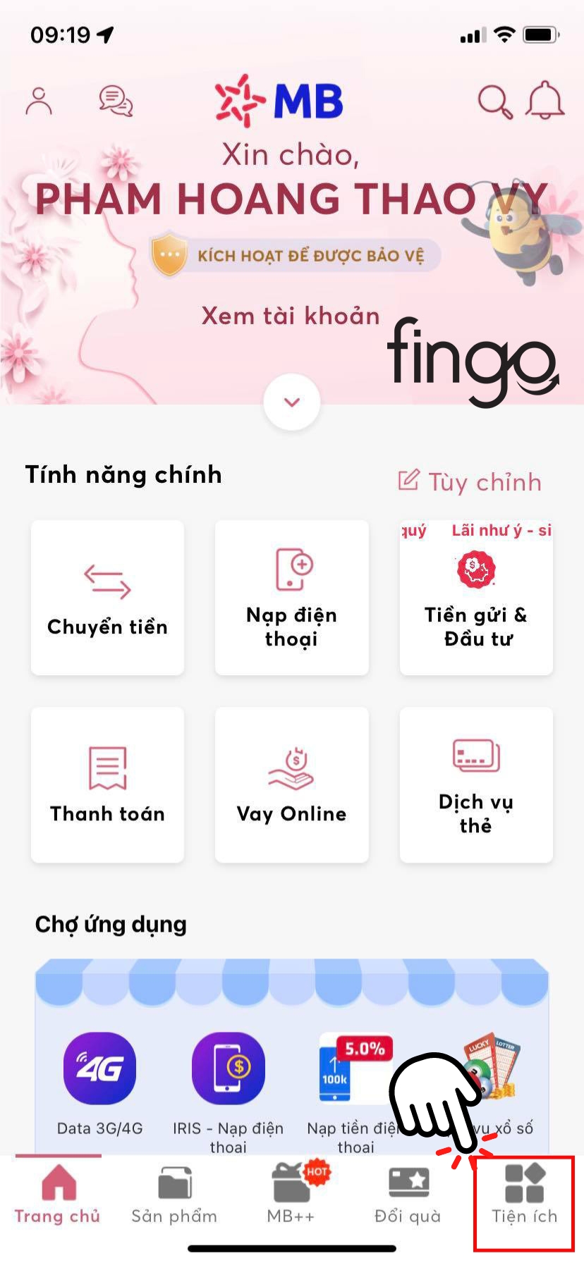 Chọn vào mục "Tiện ích"
