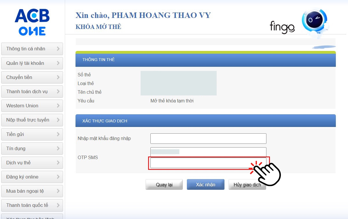 Nhập mã OTP SMS được gửi về số điện thoại