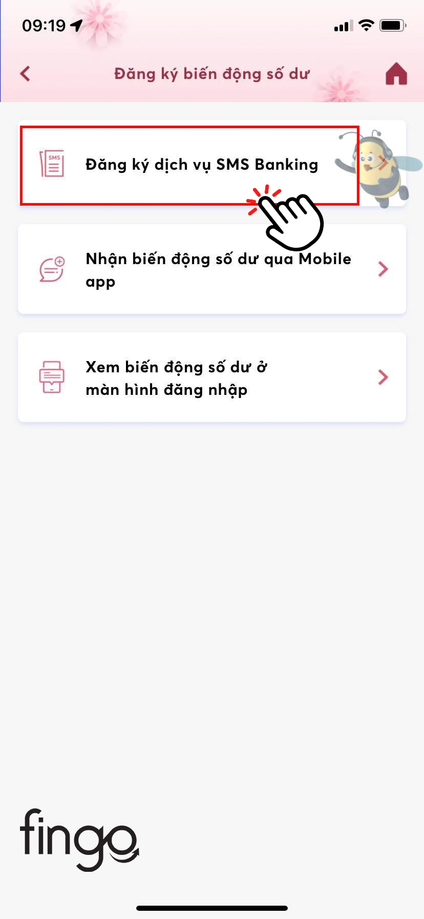 Chọn vào "Đăng ký dịch vụ SMS Banking"