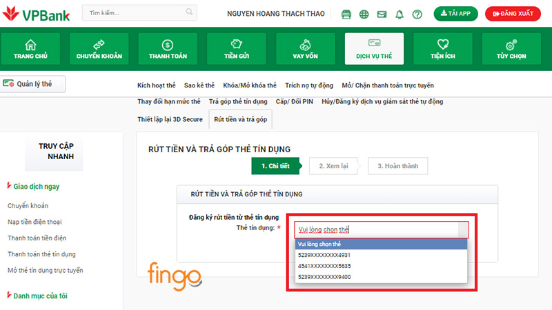 Chọn thẻ tín dụng bạn muốn rút tiền