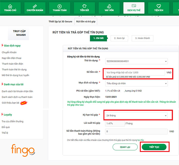 Nhập số tiền muốn rút