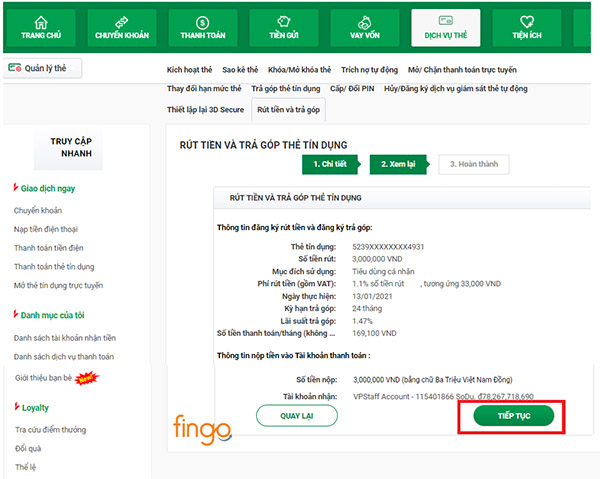 Xem lại các thông tin và nhấn tiếp tục