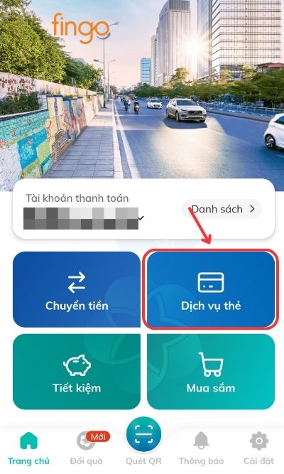 Đăng nhập ứng dụng SmartBanking BIDV. Chọn Dịch vụ thẻ