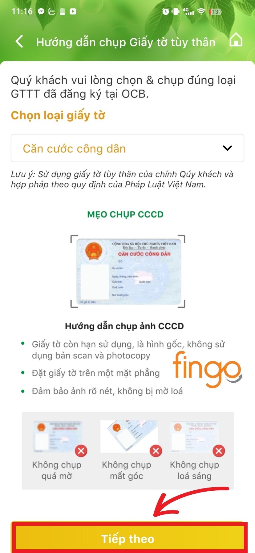 Bước 8: Xem hướng dẫn cách chụp CCCD và bấm "Tiếp theo".