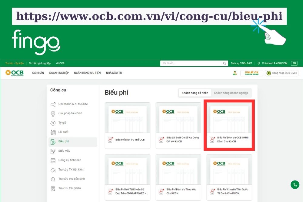 Chọn "Biểu phí dịch vụ OCB OMNI dành cho KHCN"