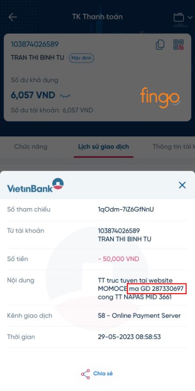 Mã giao dịch Vietinbank được ghi kèm nội dung