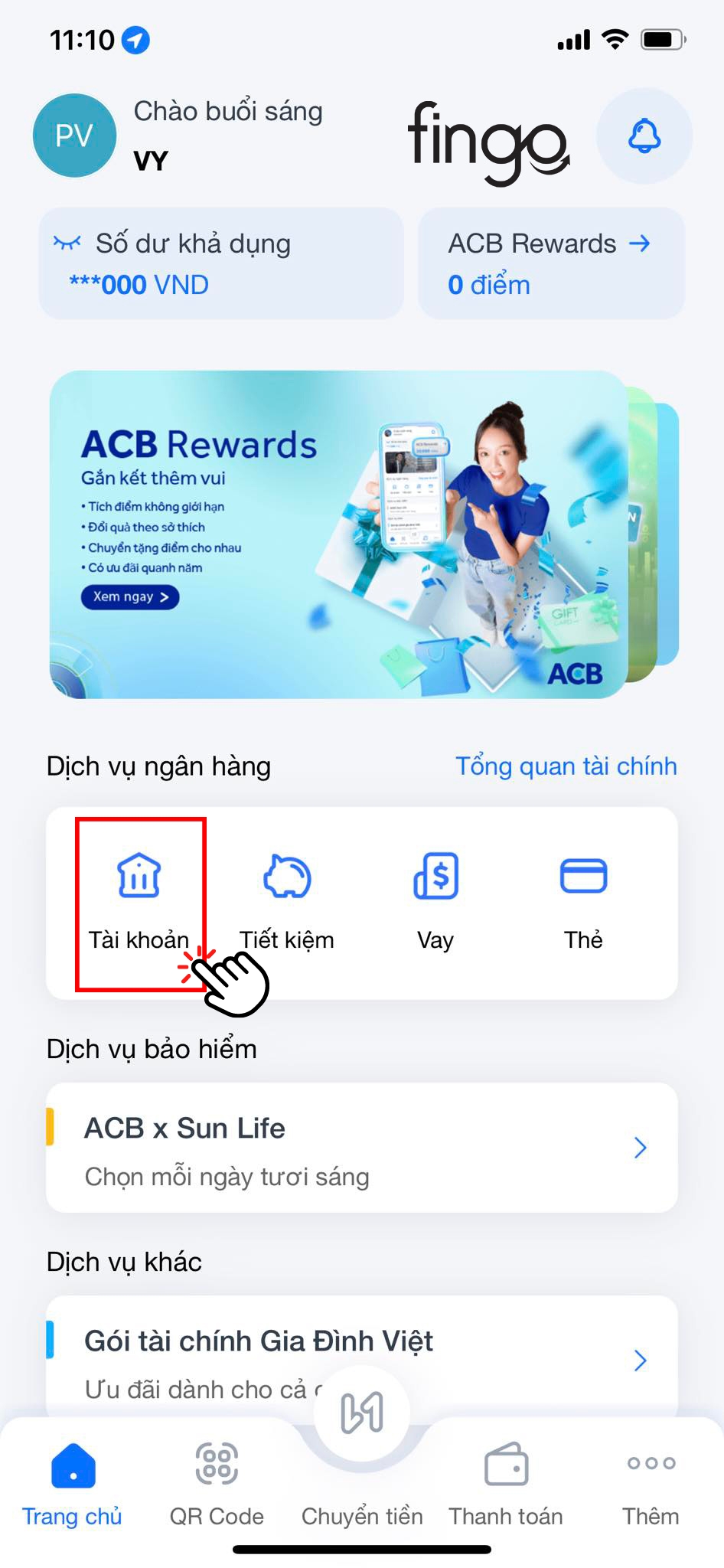 Chọn mục tài khoản