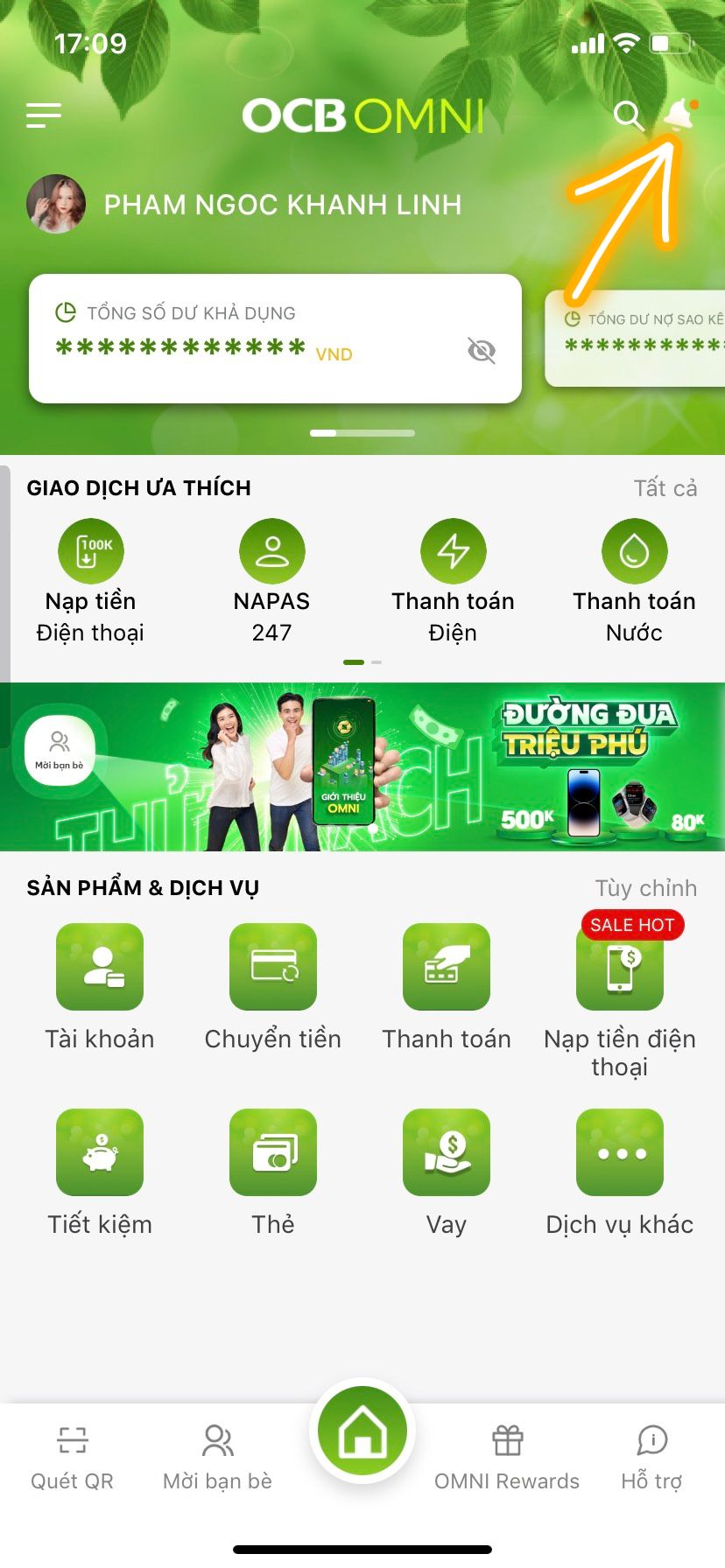 Bước 1: Bấm vào biểu tượng thông báo.