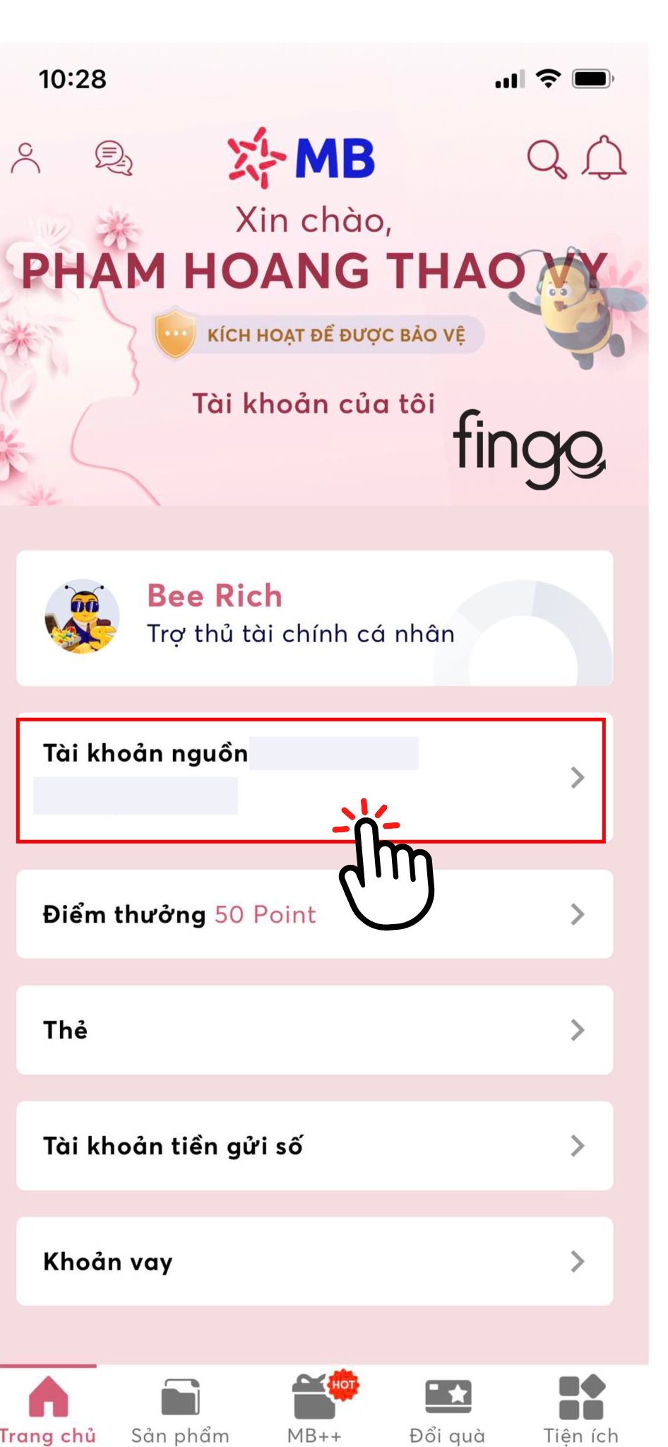 Chọn vào "Tài khoản nguồn"