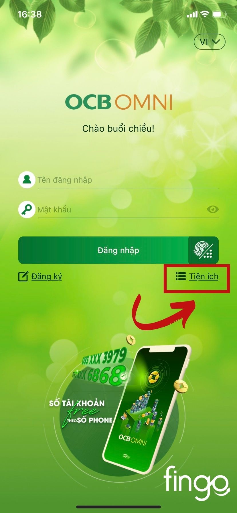 Khách hàng mở ứng dụng OCB OMNI và nhấp "Tiện ích"