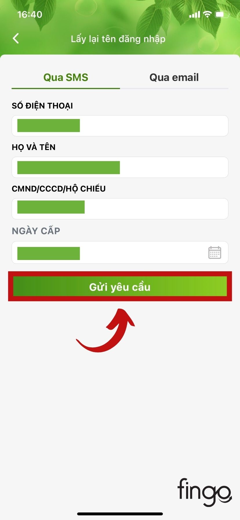 Chọn mục "Qua SMS" nhập đầy đủ các thông tin và nhấp "Gửi yêu cầu"