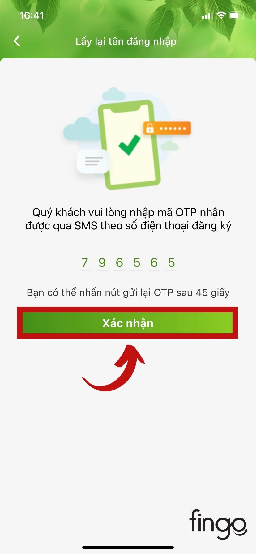 Mã OTP bao gồm 6 chữ số và nhấp "Xác nhận" để tiếp tục
