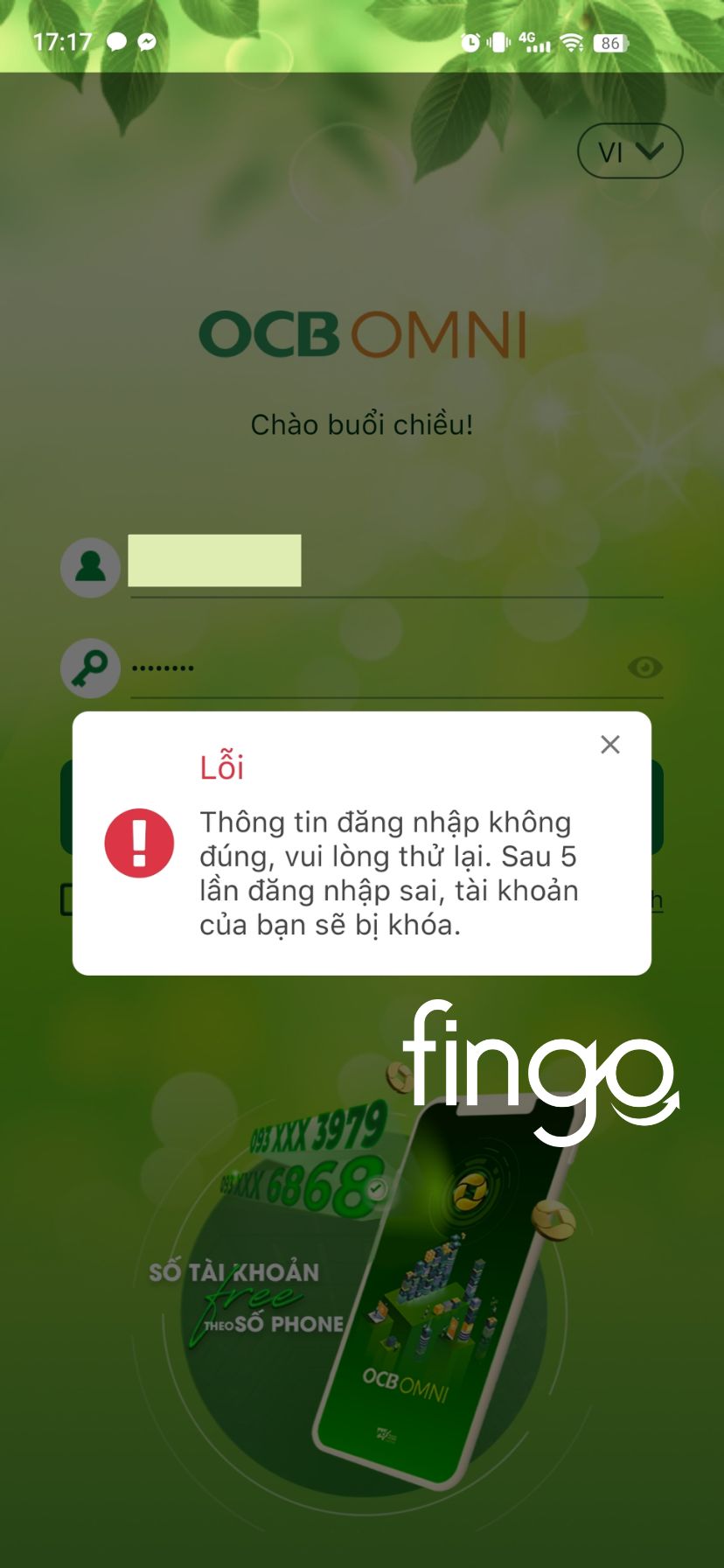 Nhập sai mật khẩu của tài khoản OCB quá 5 lần