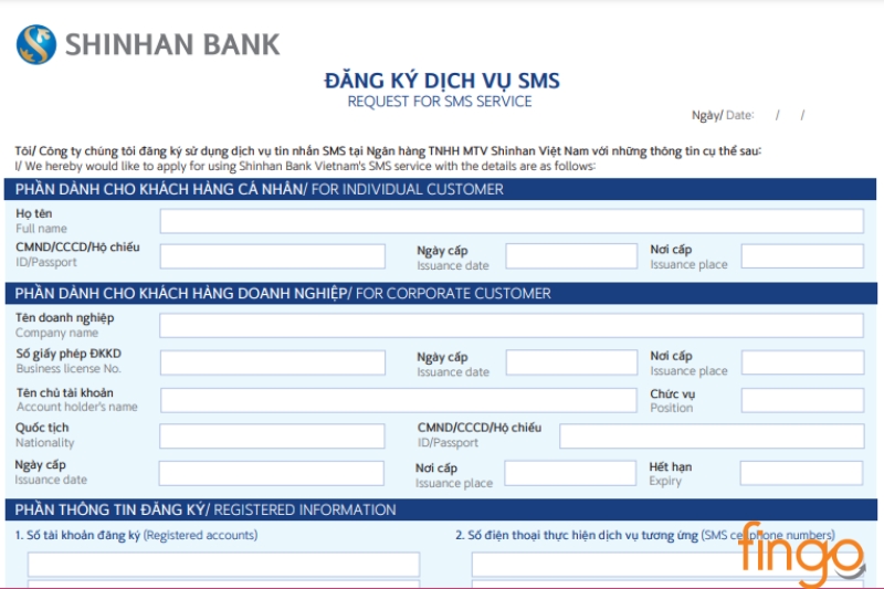 Biểu mẫu đăng ký SMS Shinhan bank