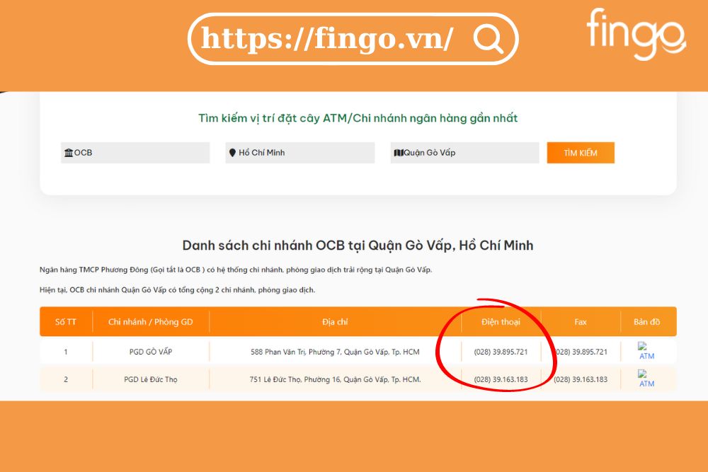 Bước 3: Danh sách các số hotline về chi nhánh ngân hàng OCB tại vị trí bạn tìm kiếm sẽ hiển thị. 