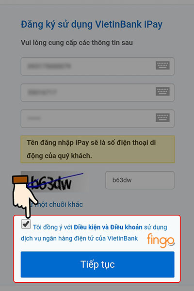 Tích chọn đồng ý với các điều kiện, điều khoản