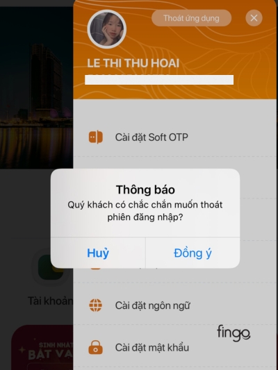 Chọn "Đồng ý" để hoàn tất quá trình đăng xuất đăng xuất tài khoản Agribank trên điện thoại