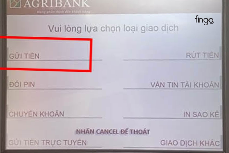 Chọn mục gửi tiền đã hiển thị trên màn hình hệ thống