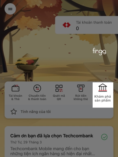 Chọn mục "Khám phá sản phẩm" trên màn hình chính của ứng dụng Techcombank Mobile 