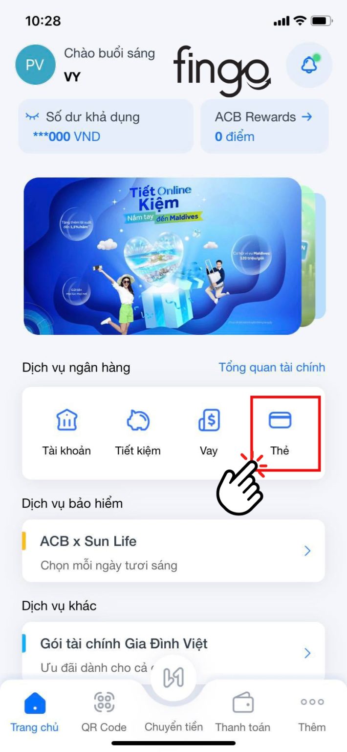 Chọn vào mục "Thẻ"