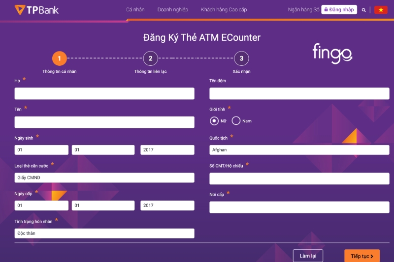 Mở thẻ TPBank online website