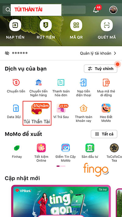 Vào tính năng Túi Thần Tài