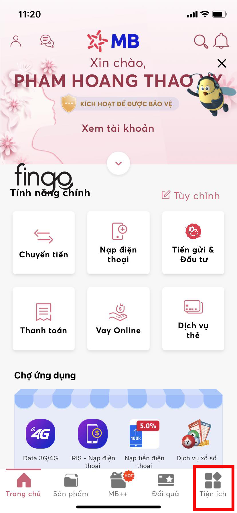 Chọn vào mục "Tiện ích"