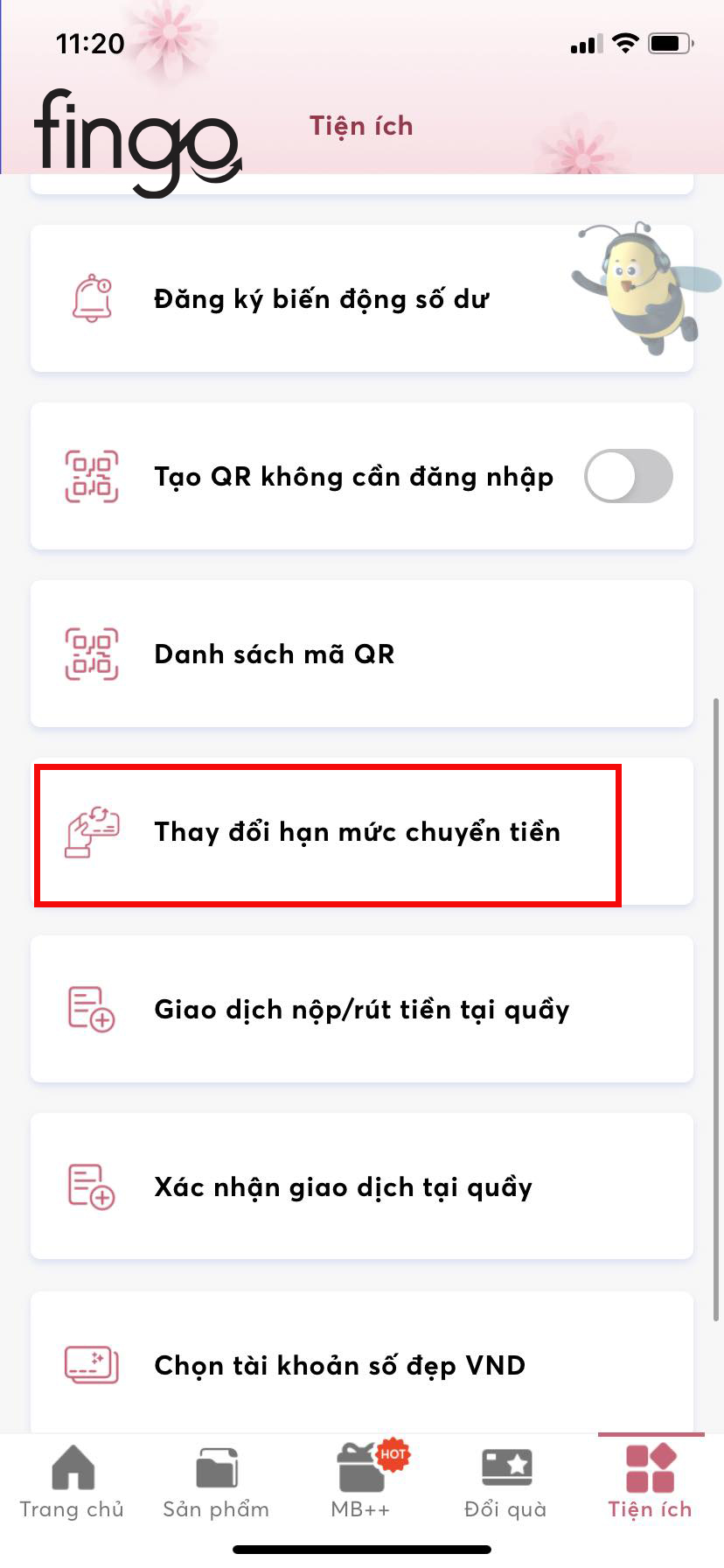 Chọn vào "Thay đổi hạn mức chuyển tiền"