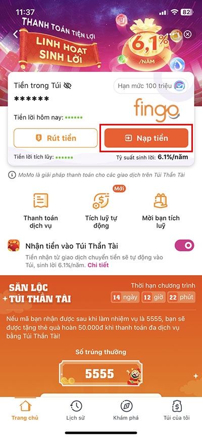 Bấm nút Nạp tiền