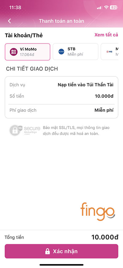 Chọn tài khoản nguồn nạp tiền và Xác nhận