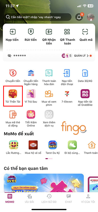 Vào tính năng Túi Thần Tài MoMo