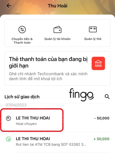 Chọn mục lịch sử giao dịch và chọn giao dịch muốn tra mã